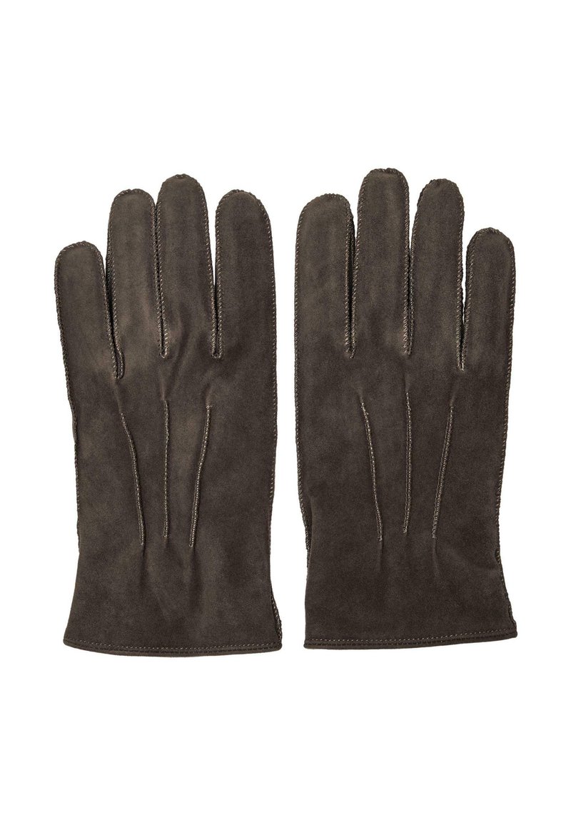 Braune Wildlederhandschuhe mit acht Fingern, die eine glatte Textur und detaillierte Nähte entlang der Kanten aufweisen. Klassisches Design, vielseitig einsetzbar.