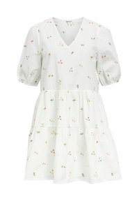 Robe en coton blanche avec des manches bouffantes courtes, un col en V et un design à étages, ornée de broderies florales colorées sur l'ensemble.