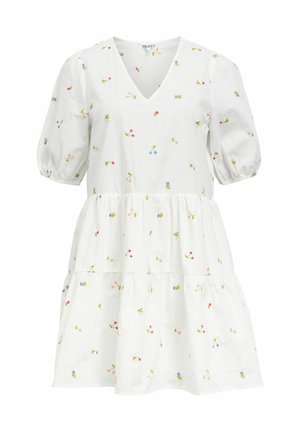 Abito in cotone bianco con maniche a sbuffo corte, scollo a V e design a strati, caratterizzato da ricami floreali colorati in tutto l'abito.