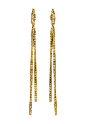 Un par de pendientes de cadena largos en tono dorado con un diseño retorcido en la parte superior y dos hebras de cadena colgantes, cada una contra un fondo blanco.