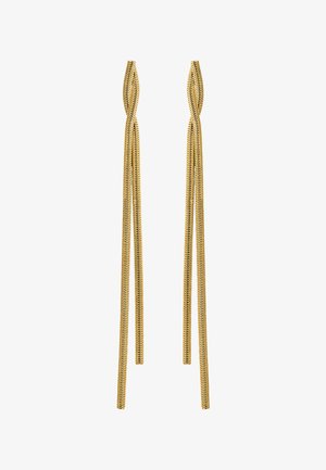 Para długich, złotych kolczyków w formie łańcuszków z skręconym wzorem u góry i dwoma zwisającymi pasmami łańcucha, osadzonych na białym tle.