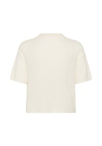 Pull en maille crème à manches courtes avec col rond, vu de dos sur fond blanc.