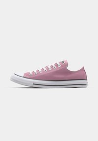 Canvas sneakers with a pink upper, white rubber toe cap, and gray striped sole. Features white laces and eyelets. Low-profile design.