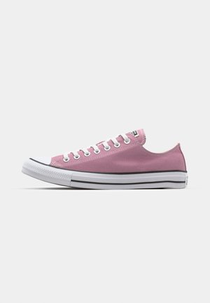 Canvas sneakers met een roze bovenkant, witte rubberen neuskap en een grijs gestreepte zool. Voorzien van witte veters en oogjes. Laag profiel ontwerp.