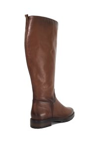 Brown leather knee-high boot with a smooth finish, rounded toe, textured sole, and a subtle seam detail along the outer side.