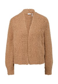 Beige Strickjacke mit gerippter Textur, offener Vorderseite und langen Ärmeln. Weiche, voluminöse Wolle mit minimalen Nähten und ohne Verschluss.