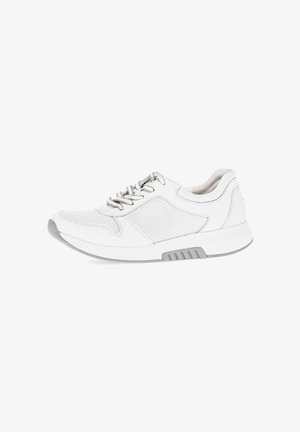 White athletic shoe made of leather and mesh. Rounded toe, lace-up front, padded collar, and textured gray accents on the sole.