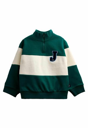 Dziecięcy sweter z długim rękawem w zielono-białe poziome paski i kołnierzem na zamek, z dużą granatową literą J na piersi.