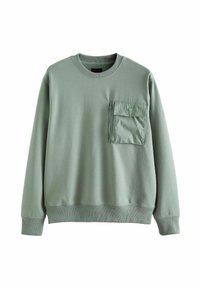 Sudadera verde clara hecha de una tela suave, con cuello redondo acanalado, mangas largas y un bolsillo frontal con cierre de cremallera.