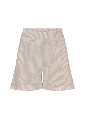 Lettere, beige shorts med røde vertikale striber. Har en plisseret front og rullede manchetter. Materialet ser glat og blødt ud.