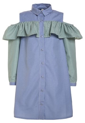 Button-up dress with blue vertical stripes, green striped cold-shoulder sleeves, and a ruffled off-shoulder detail across the chest.