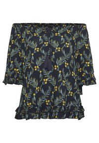 Blusa sin mangas con estampado floral en azul marino, con flores amarillas, mangas cortas con volantes y un detalle de borlas en el escote.