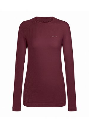 Langärmliges Oberteil in Burgund aus strukturiertem Stoff. Verfügt über einen Rundhalsausschnitt und den Markennamen "FALKE" in dezenten Buchstaben gedruckt.