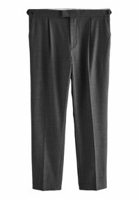 Pantalones grises a medida con un diseño de pierna recta, frente plisado y dos bolsillos laterales, confeccionados con una tela texturizada.