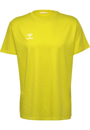 Heldere gele katoen T-shirt met een ronde hals, korte mouwen en een wit logo op de linkerkant van de borst. Gladde textuur, casual ontwerp.