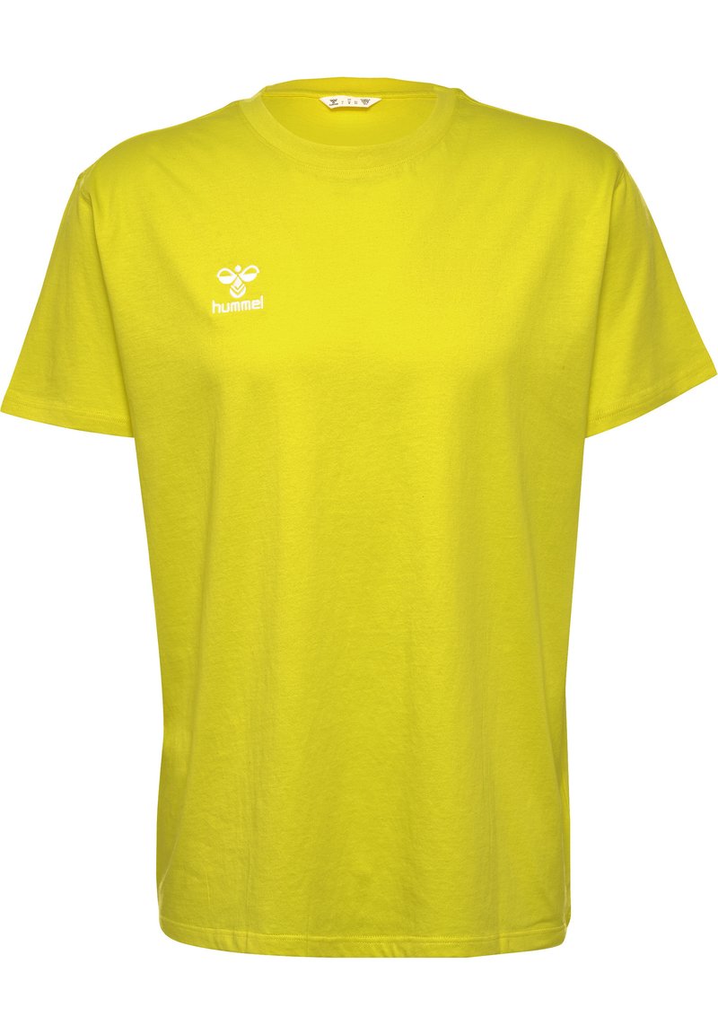 Heldere gele katoen T-shirt met een ronde hals, korte mouwen en een wit logo op de linkerkant van de borst. Gladde textuur, casual ontwerp.