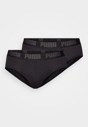 Δύο μαύρα ανδρικά εσώρουχα Puma με ελαστικές ζώνες μέσης που φέρουν το λογότυπο Puma σε σκούρα γκρι γράμματα.