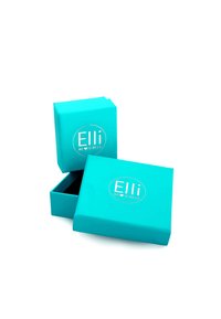 Turkizna škatla za nakit z gladko površino, vsebuje okroglo logotip z napisi "Elli" in "WE ♥ JEWELS," ena škatla odprta in ena zaprta, kvadratne oblike.