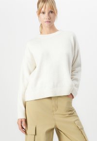 Giovane donna con capelli biondi raccolti in una coda di cavallo indossa un maglione di maglia bianca e pantaloni cargo beige, posando su uno sfondo bianco uniforme.
