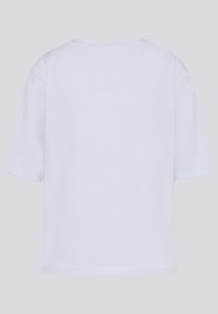 Weißes T-Shirt mit kurzen Ärmeln, runder Ausschnittform und normaler Passform. Hergestellt aus weichem Baumwollmaterial mit einer glatten Textur.