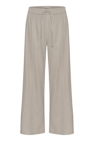 Pantalons larges gris clair en tissu doux. Présente une taille élastique avec cordon de serrage et des coutures latérales subtiles pour un détail supplémentaire.