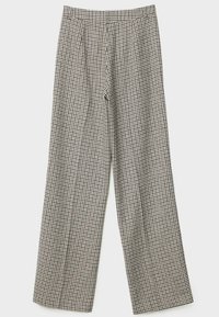 Pantaloni a gamba larga a quadri in una combinazione di colori marrone e nero, caratterizzati da un alto vita, pince e una texture del tessuto morbida.
