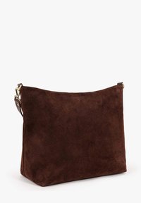 Brown suede shoulder bag with a rectangular shape, smooth texture, and a detachable leather strap featuring gold-tone hardware.