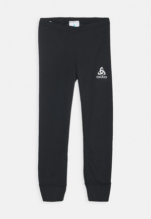 Zwarte leggings van rekbare stof met een strakke pasvorm. Bevat een wit Odlo-logo op de linker bovenbeen en taps toelopende boorden bij de enkels.