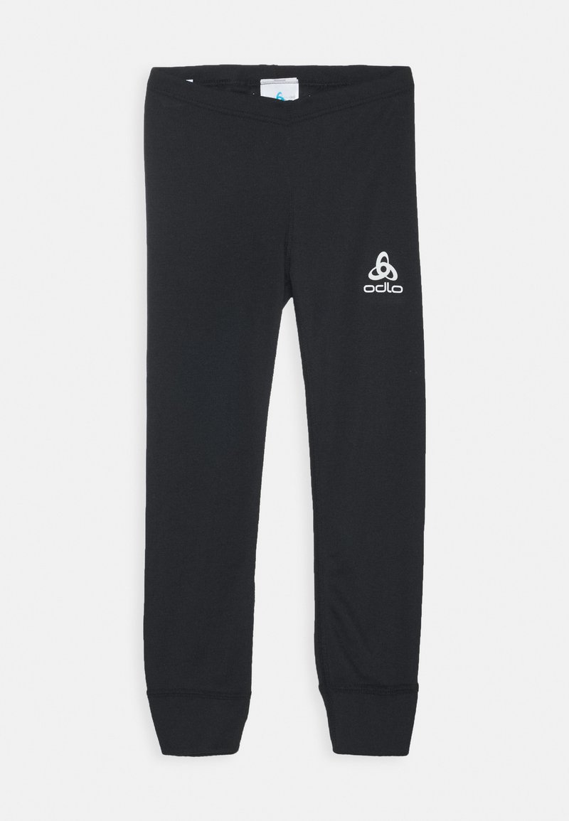 Schwarze Leggings aus dehnbarem Stoff mit eng anliegendem Schnitt. Mit einem weißen Odlo-Logo am linken Oberschenkel und schmal zulaufenden Bündchen an den Knöcheln.