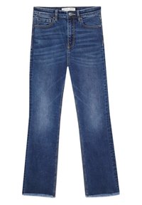 Blauwe rechte denim jeans met een klassiek vijf-pocket ontwerp en zichtbare vervagingdetails op de dijen en knieën.