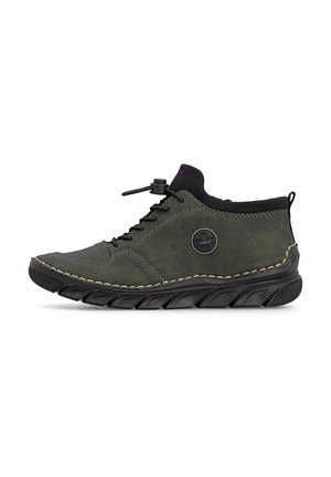 Dark green casual sneaker with black sole, black laces, round toe, visible stitching, and a logo on the side.