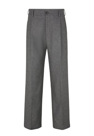 Grau Wollhosen mit geradem Bein, ausgestattet mit einem Knopfverschluss, zwei Fronttaschen und einem strukturierten Stoffmuster.