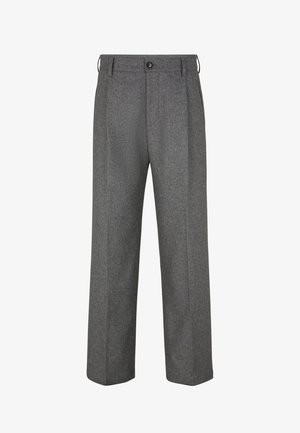 Grau Wollhosen mit geradem Bein, ausgestattet mit einem Knopfverschluss, zwei Fronttaschen und einem strukturierten Stoffmuster.