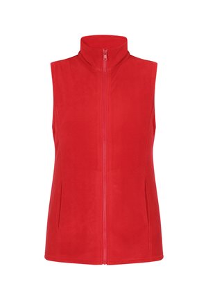 Roter Fleece-Weste mit hohem Kragen, durchgehendem Reißverschluss und zwei Seitentaschen. Glatte Textur und ärmelloses Design für einfaches Schichten.