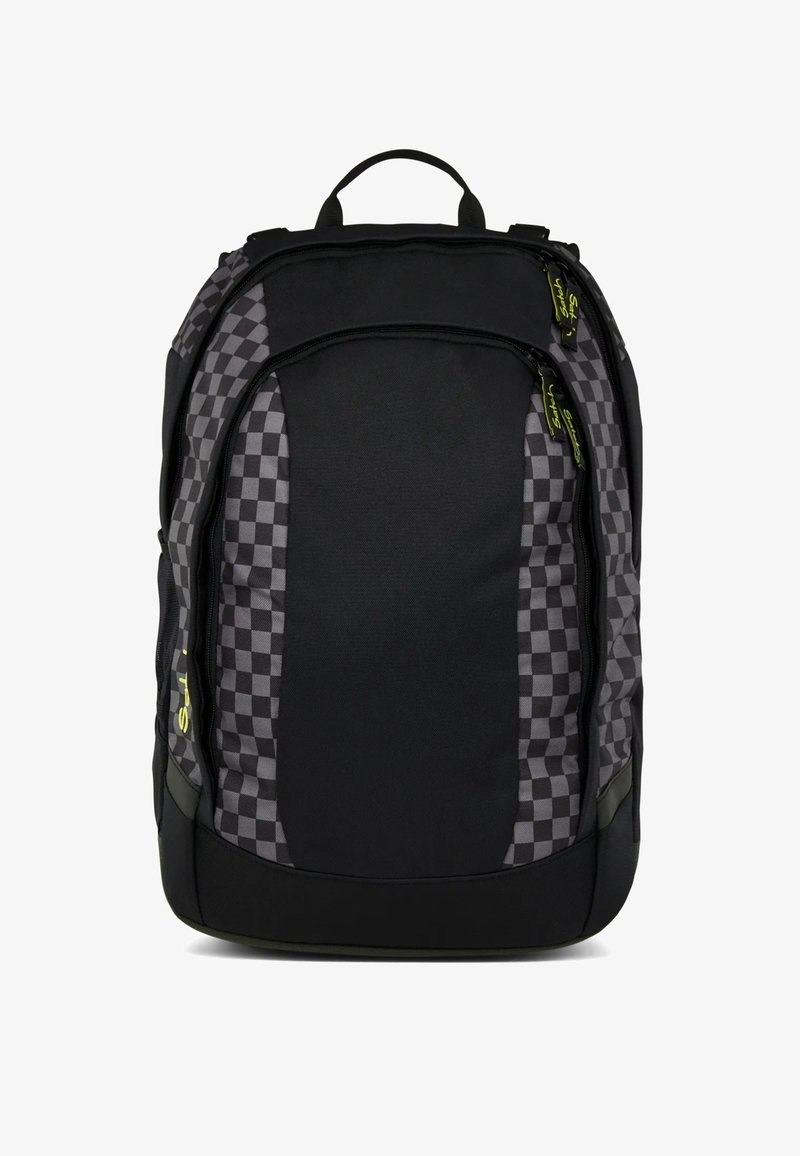 Black backpack featuring a checkered gray pattern, zippered compartments, padded back, and top handle for easy carrying. Waterproof material.