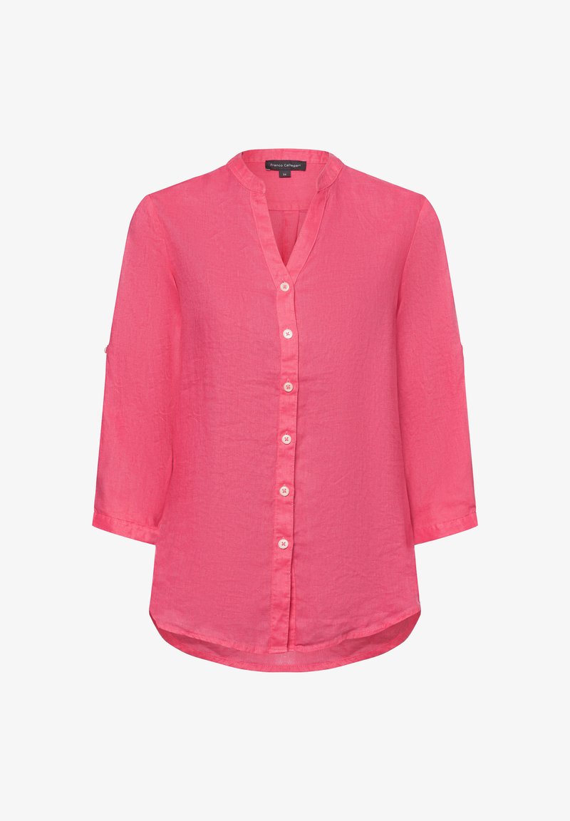 Rosa Leinenhemd mit V-Ausschnitt, 3/4-Ärmeln und Knopfverschluss vorne. Glatte Textur und abgerundeter Saum.