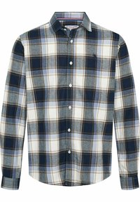 Koszula z długim rękawem w kratę, z niebieskimi, szarymi i białymi wzorami, z kołnierzykiem zapinanym na guziki oraz logo na piersi.