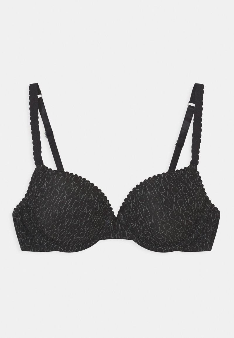 Black bra with scalloped edges, molded cups, and adjustable straps. Features a subtle pattern of intertwined letters in a darker tone.