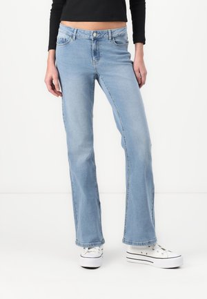 Light blue flared jeans made of denim. Features a five-pocket design, zipper fly with button closure, and a slightly faded wash.