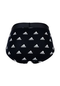 Svart underkläder med ett upprepat vitt Adidas-logomönster, elastisk midjeresår och sömlös design. Mjukt tyg med en slät yta.
