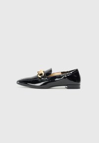 Black patent leather loafer with a pointed toe, featuring a gold metal accent across the front and a low block heel. Smooth, glossy texture.