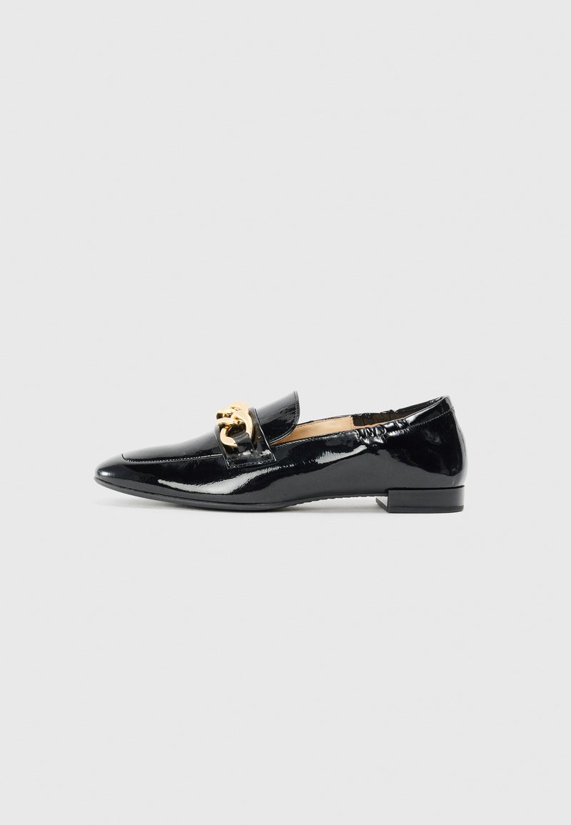 Black patent leather loafer with a pointed toe, featuring a gold metal accent across the front and a low block heel. Smooth, glossy texture.