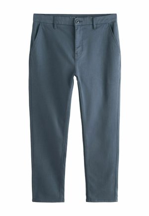 Šedé bavlněné kalhoty se dvěma předními kapsami, zapínáním na knoflíky a rovný střihem. Hladká textura a ležérní design.