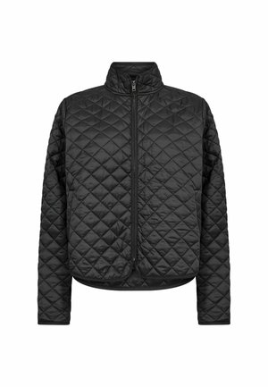 Svart quiltad jacka med hög krage, dragkedja och långa ärmar. Har diamantmönster och elastisk kant nederst och vid ärmslut.