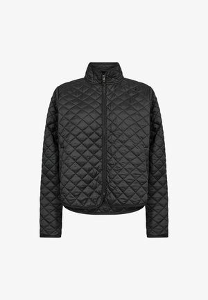 Sort quiltet jakke med høj krave, lynlås og lange ærmer. Har diamantmønster og elastisk kant forneden og ved ærmekanterne.