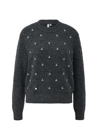 Maglione a maglia grigio scuro con scollatura rotonda, motivo trapuntato e piccole decorazioni di perline argentate disposte uniformemente.