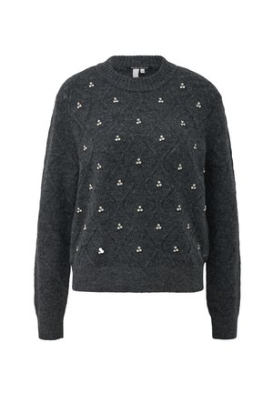 Donkergrijze gebreide trui met ronde hals, gestikte patroon en gelijkmatig verdeeld kleine zilverkleurige kraalversieringen.