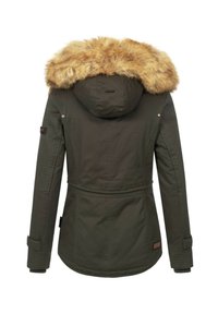 Dark green winter jacket with fur-lined hood, long sleeves with stitching details, and adjustable cuffs shown from the back.