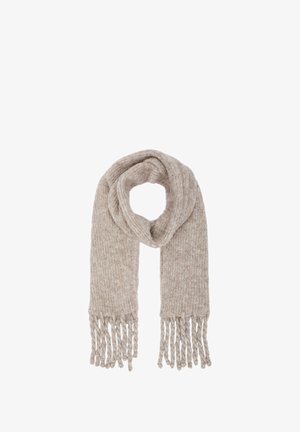 Écharpe beige tricotée avec des bords à franges, présentant une texture douce et un design à côtes. Légère et polyvalente pour diverses options de style.