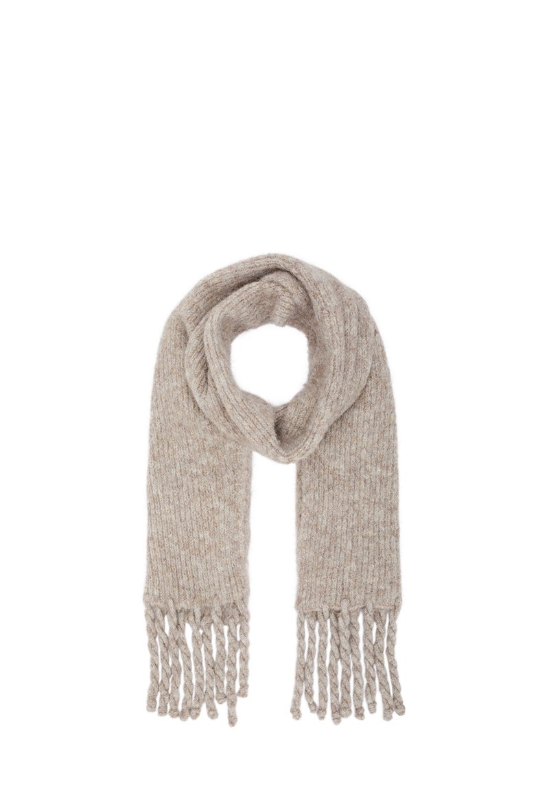 Beigefarbener Strickschal mit fransigen Enden, weich in der Textur und mit einem gerippten Design. Leicht und vielseitig für verschiedene Stylingmöglichkeiten.